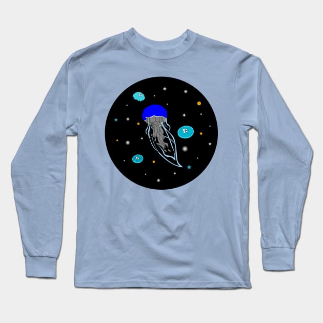 Blue Jelly Fish in dark ocean artwork, lights of jelly fish Long Sleeve T-Shirt by WorldOfMine